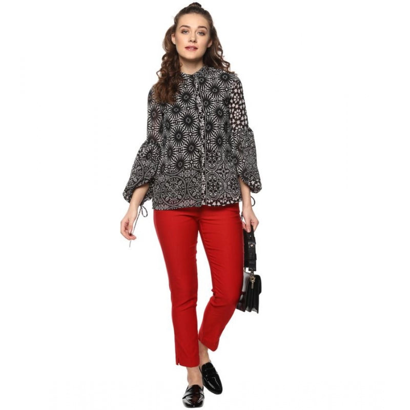 Mayawye Women's Polyester Printed Balloon Sleeve Top (Black - White)