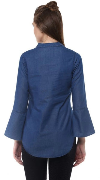 Mayawye Women's Denim Solid Bell Sleeve Regular Top (Blue Denim)