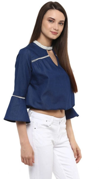 Mayawye Women's Polyester Solid Bell Sleeve Regular Top (Blue)