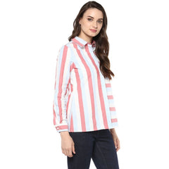 Mayawye Women's Cotton Striped Roll Up Sleeve Regular Top (Red)