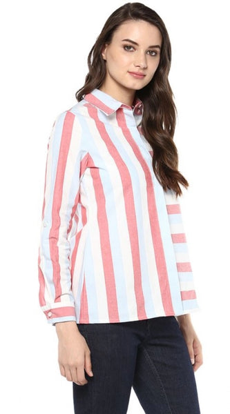 Mayawye Women's Cotton Striped Roll Up Sleeve Regular Top (Red)