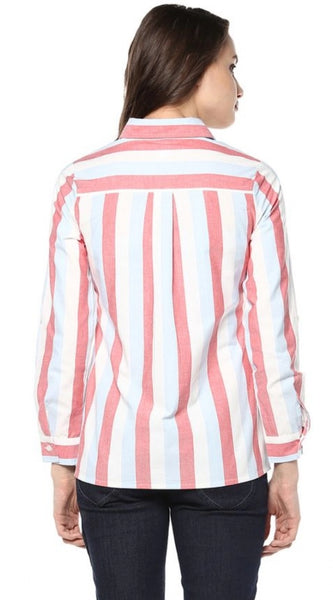 Mayawye Women's Cotton Striped Roll Up Sleeve Regular Top (Red)