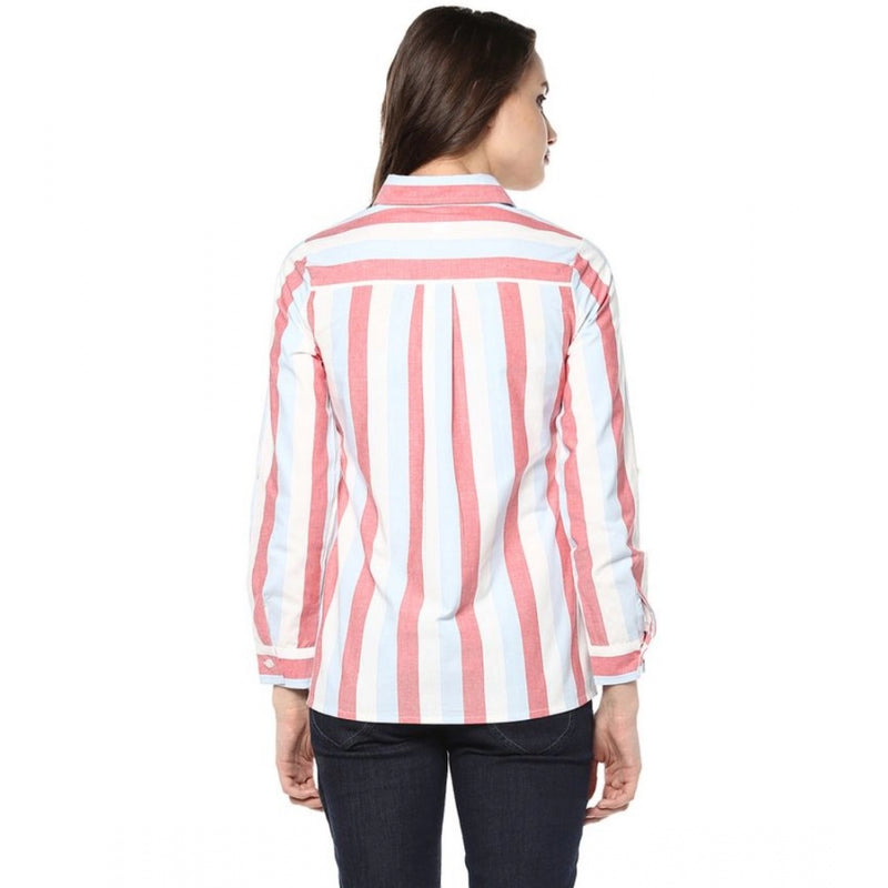 Mayawye Women's Cotton Striped Roll Up Sleeve Regular Top (Red)