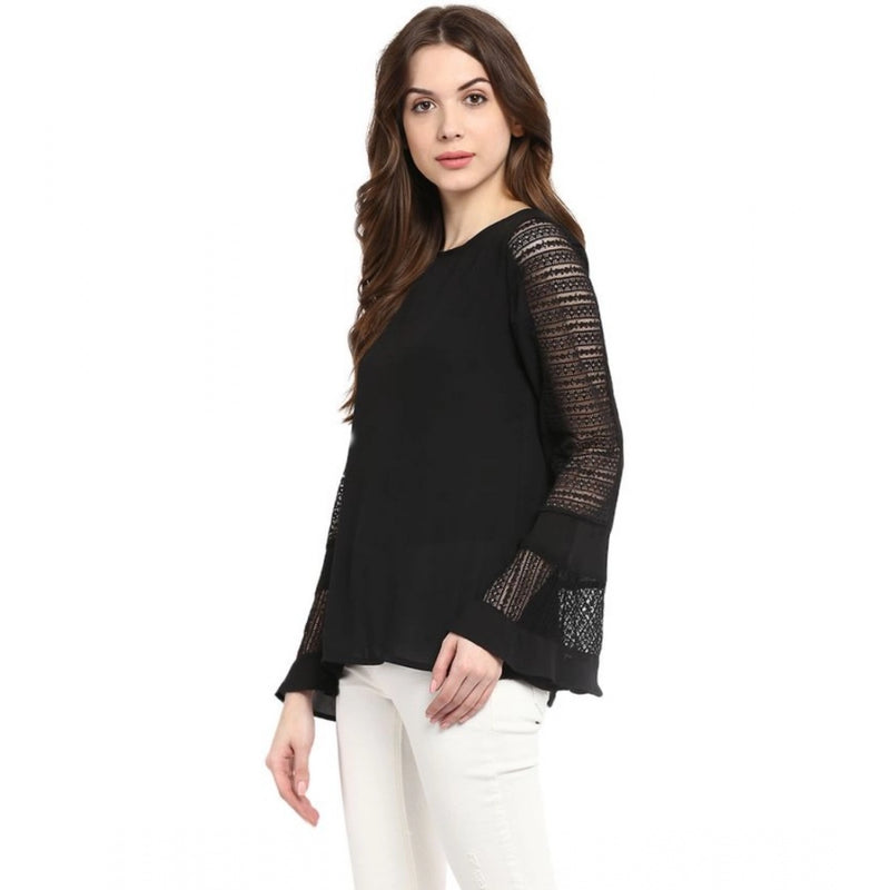 Mayawye Women's Polyester Georgette Self Design Bell Sleeve Regular Top (Black)
