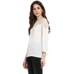 Mayawye Women's Polyester Georgette Self Design 3-4th Sleeves Regular Top (White)