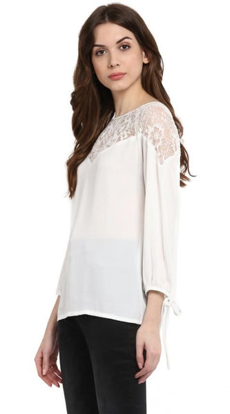 Mayawye Women's Polyester Georgette Self Design 3-4th Sleeves Regular Top (White)