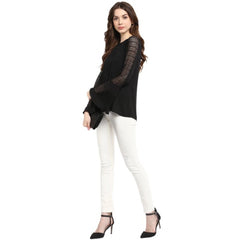 Mayawye Women's Polyester Georgette Self Design Bell Sleeve Regular Top (Black)