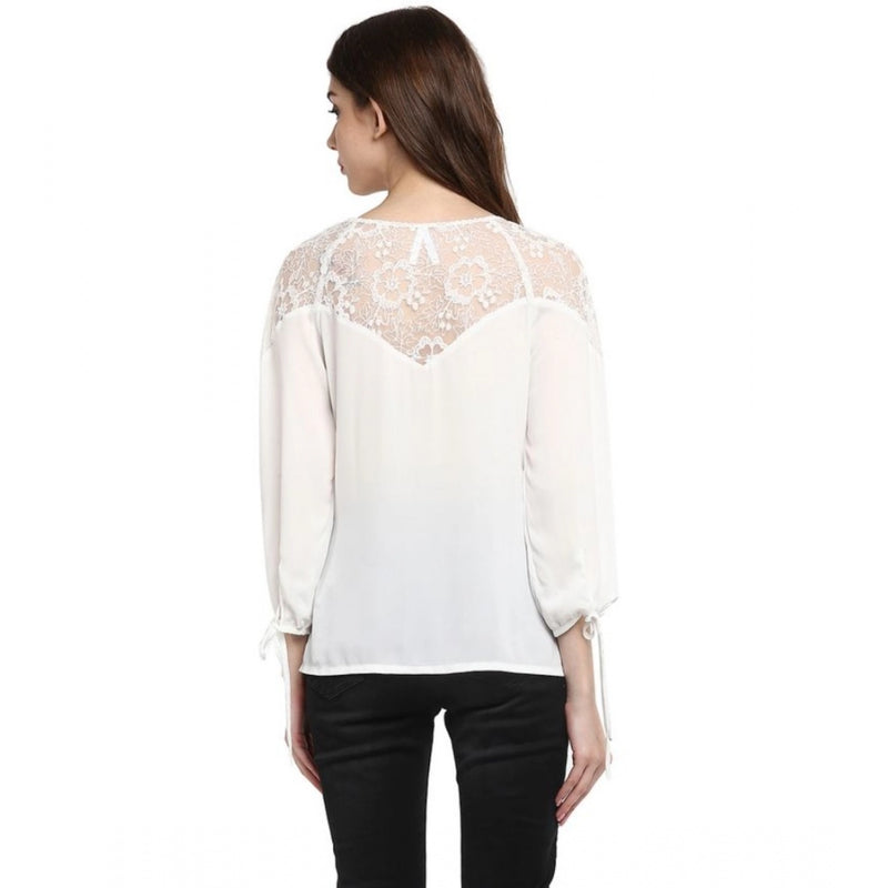Mayawye Women's Polyester Georgette Self Design 3-4th Sleeves Regular Top (White)