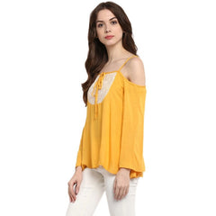 Mayawye Women's Rayon Embellished Cold Shoulder Regular Top (Mustard Yellow)