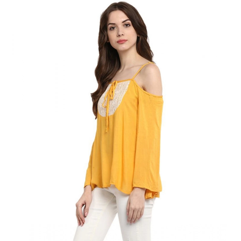 Mayawye Women's Rayon Embellished Cold Shoulder Regular Top (Mustard Yellow)