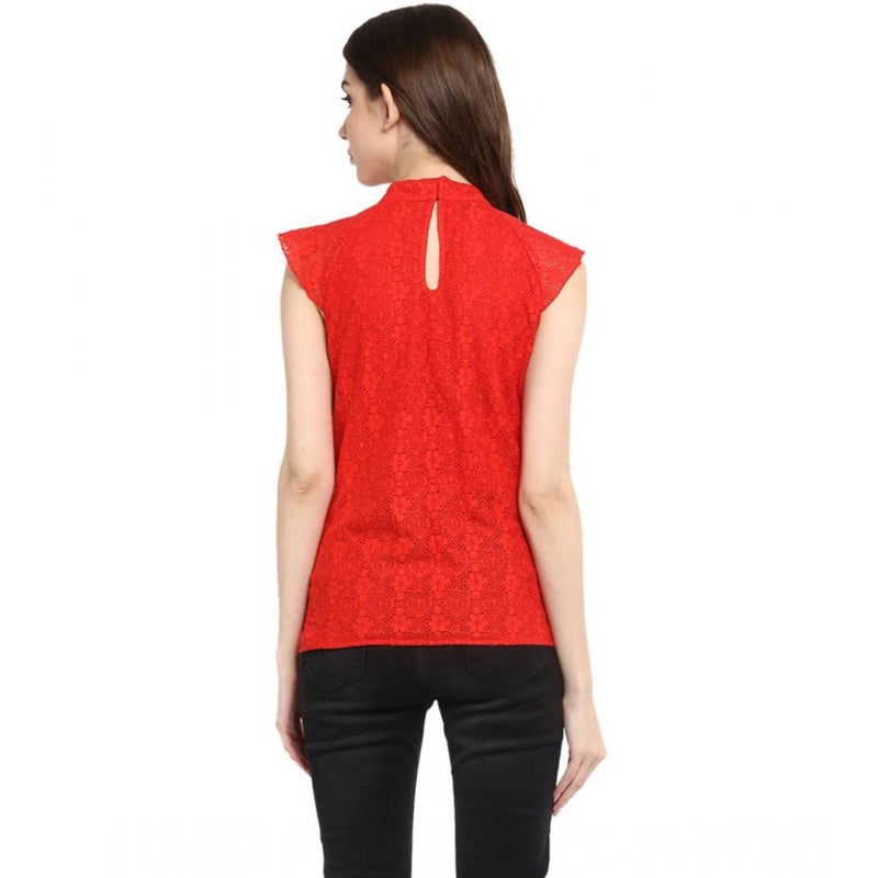 Mayawye Women's Cotton Lace Embellished Cap Sleeve Regular Top (Red)