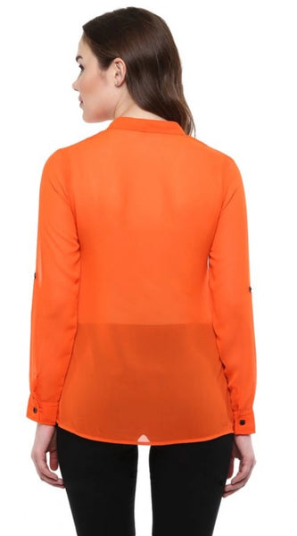 Mayawye Women's Polyester Solid Long Sleeves Regular Top (Orange)