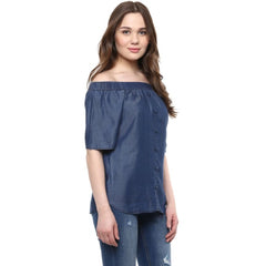 Mayawye Women's Denim Solid Short Sleeve Regular Top (Blue)