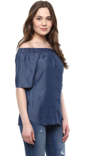 Mayawye Women's Denim Solid Short Sleeve Regular Top (Blue)