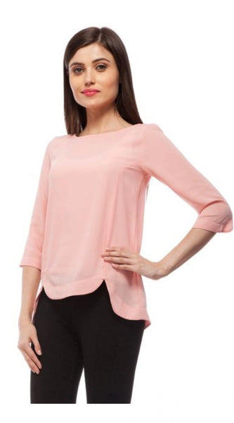Mayawye Women's Polyester Solid 3-4th Sleeves Regular Top (Peach)