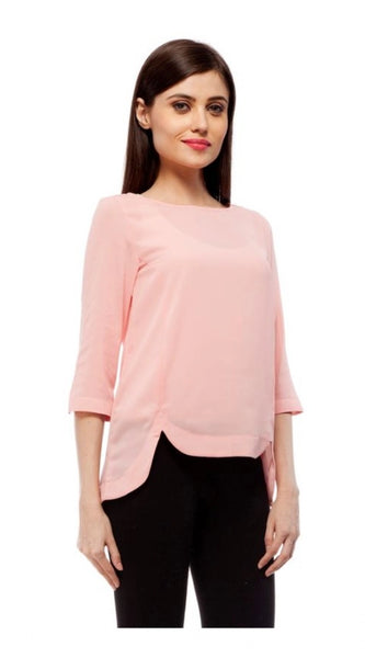Mayawye Women's Polyester Solid 3-4th Sleeves Regular Top (Peach)