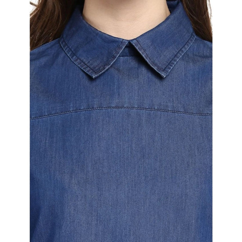 Mayawye Women's Denim Solid Cold Shoulder Regular Top (Blue)