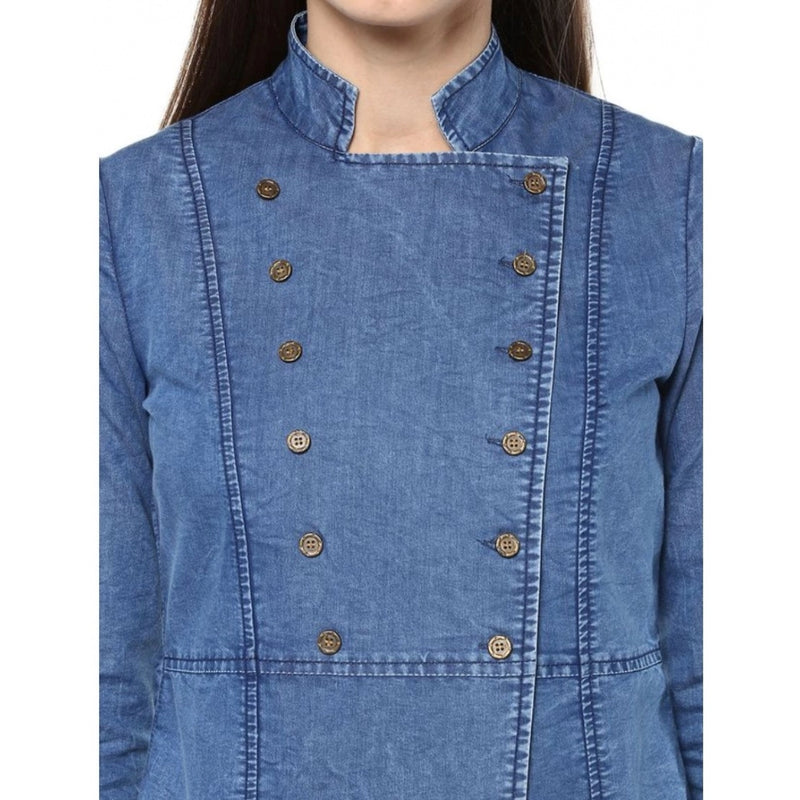 Mayawye Women's Denim Solid 3-4th Sleeves Regular Top (Blue)