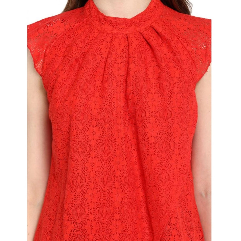 Mayawye Women's Cotton Lace Embellished Cap Sleeve Regular Top (Red)