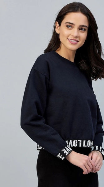 Mayawye Women's Fleece Solid Long Sleeves Sweatshirt (Navy)
