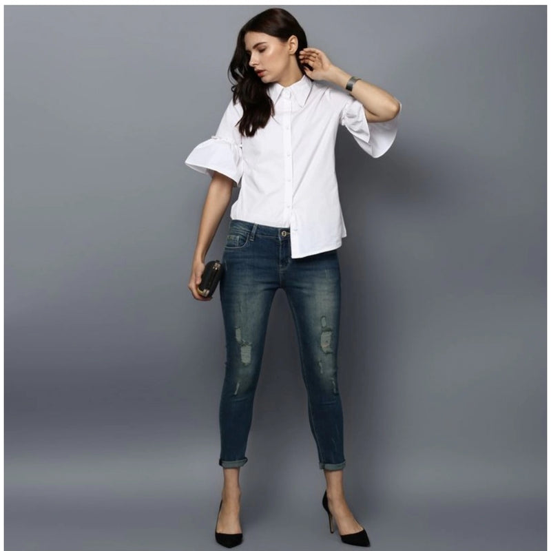 Mayawye Women's Cotton Solid Bell Sleeve Top (White)