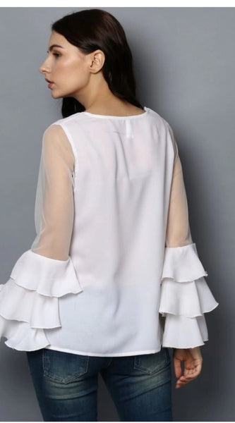 Mayawye Women's Polyester Solid Tier Sleeve Top (White)
