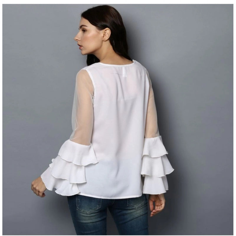 Mayawye Women's Polyester Solid Tier Sleeve Top (White)