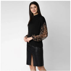 Mayawye Women's Polyester Animal Print Long Sleeves Top (Black)