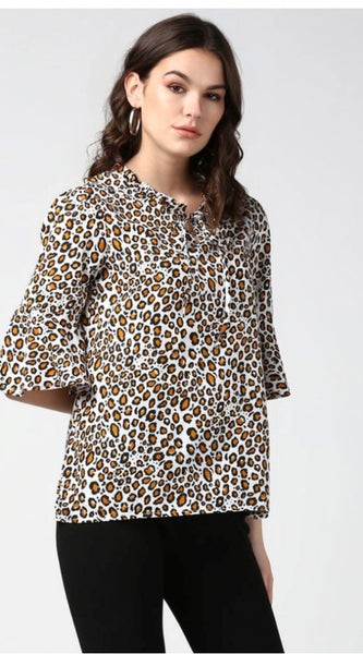 Mayawye Women's Polyester Animal Print Bell Sleeve Top (Orange - Black)