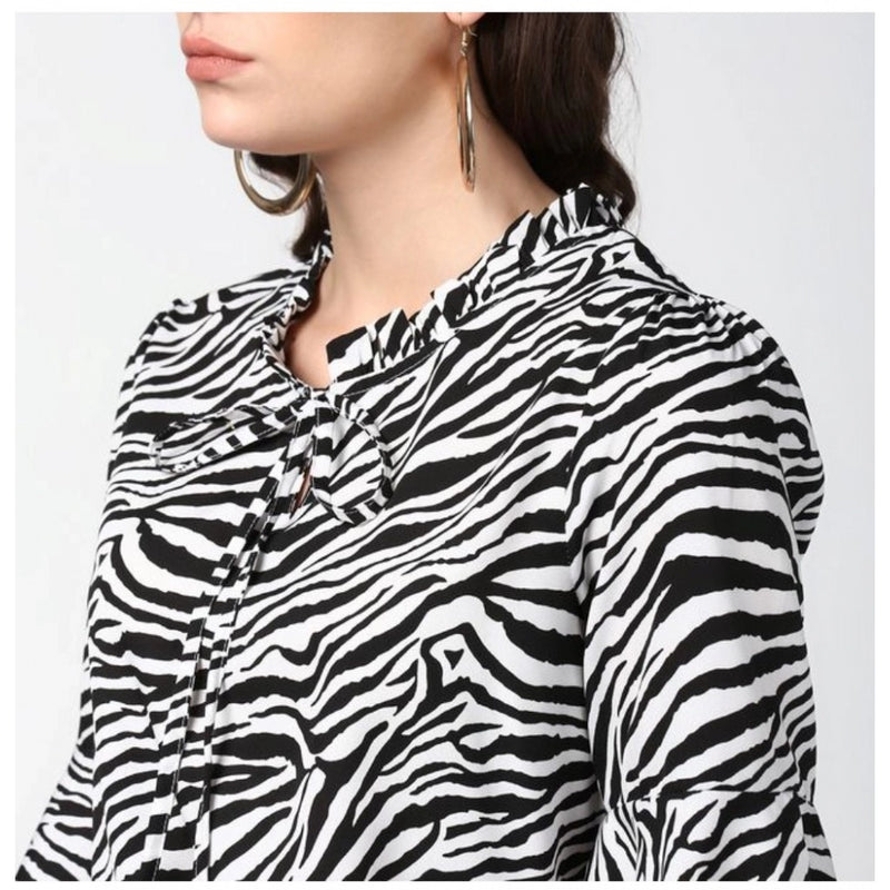 Mayawye Women's Polyester Animal Print Bell Sleeve Top (Black - White)