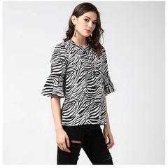 Mayawye Women's Polyester Animal Print Bell Sleeve Top (Black - White)