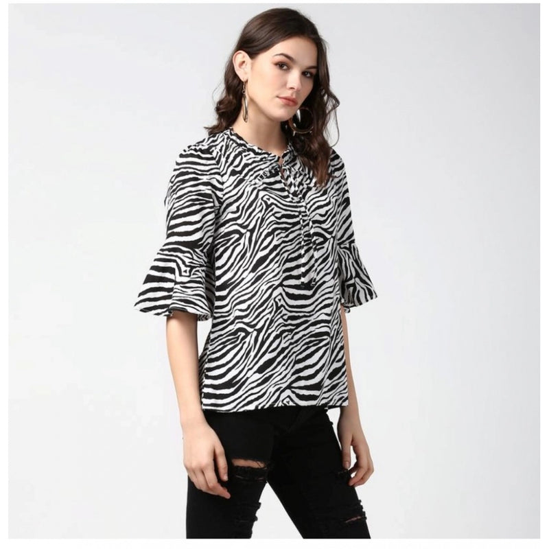 Mayawye Women's Polyester Animal Print Bell Sleeve Top (Black - White)