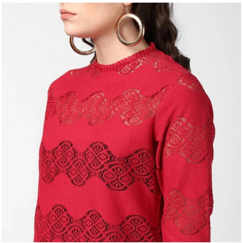 Mayawye Women's Cotton Self Design Long Sleeves Top (Maroon)