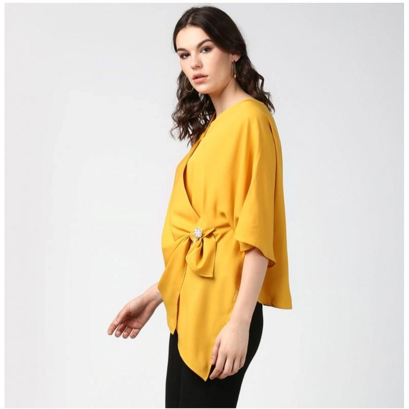 Mayawye Women's Polyester Solid Cape Sleeve Top (Yellow)