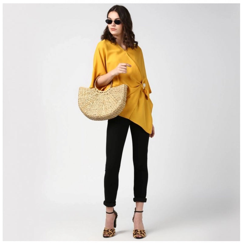 Mayawye Women's Polyester Solid Cape Sleeve Top (Yellow)