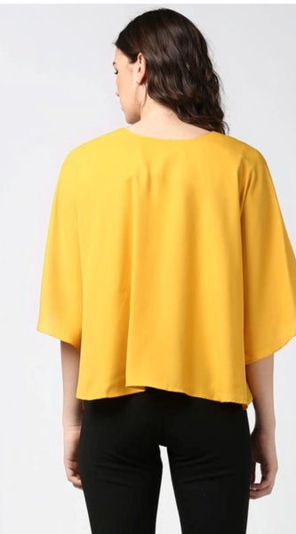 Mayawye Women's Polyester Solid Cape Sleeve Top (Yellow)