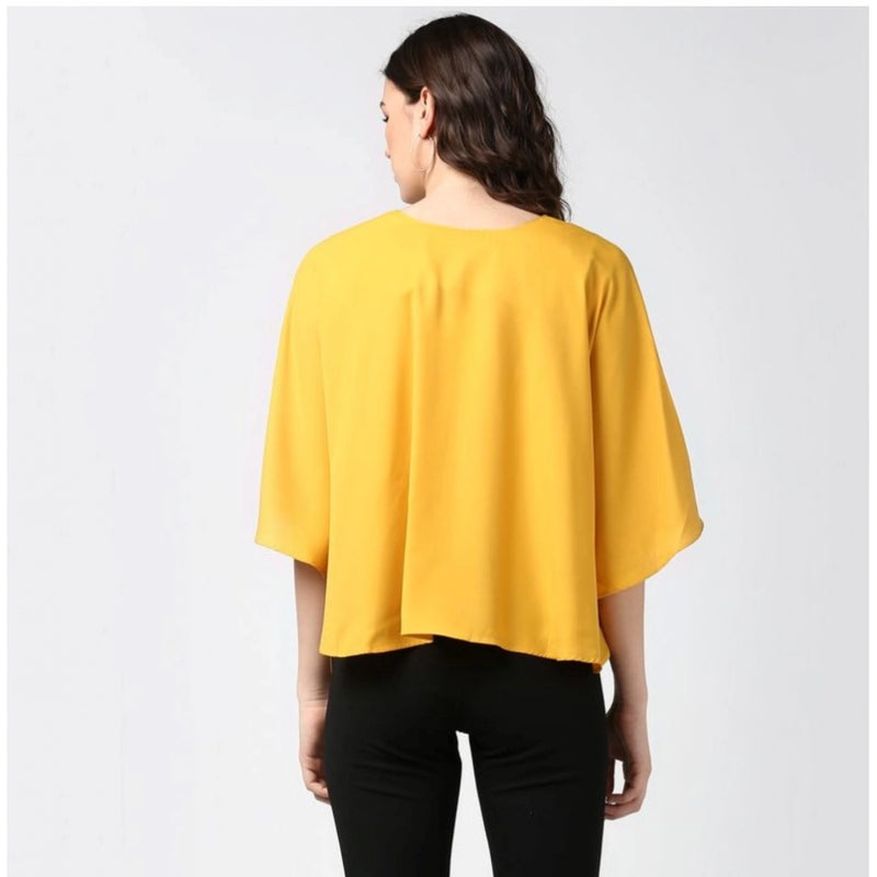 Mayawye Women's Polyester Solid Cape Sleeve Top (Yellow)