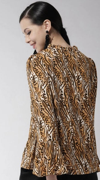 Mayawye Women's Polyester Printed Bell Sleeve Top (Orange - Black)