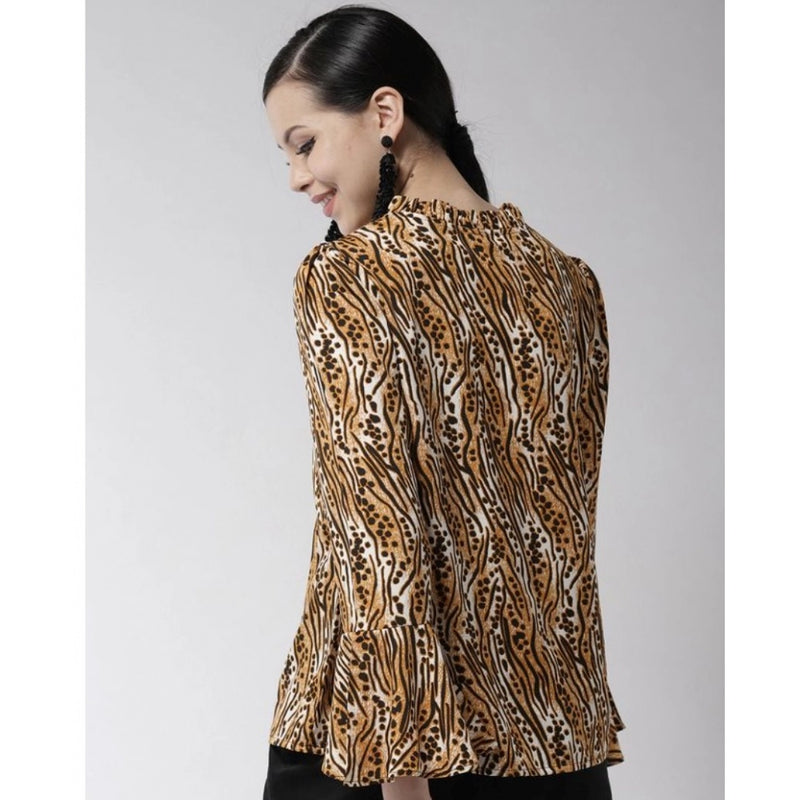 Mayawye Women's Polyester Printed Bell Sleeve Top (Orange - Black)