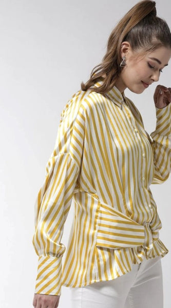 Mayawye Women's Polyester Striped Long Sleeves Top (Yellow)