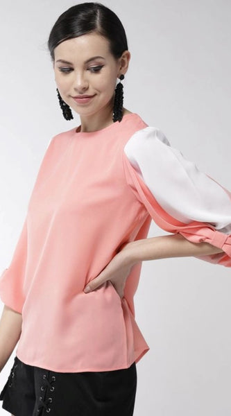 Mayawye Women's Polyester Colour Block Slit Sleeve Top (Pink)