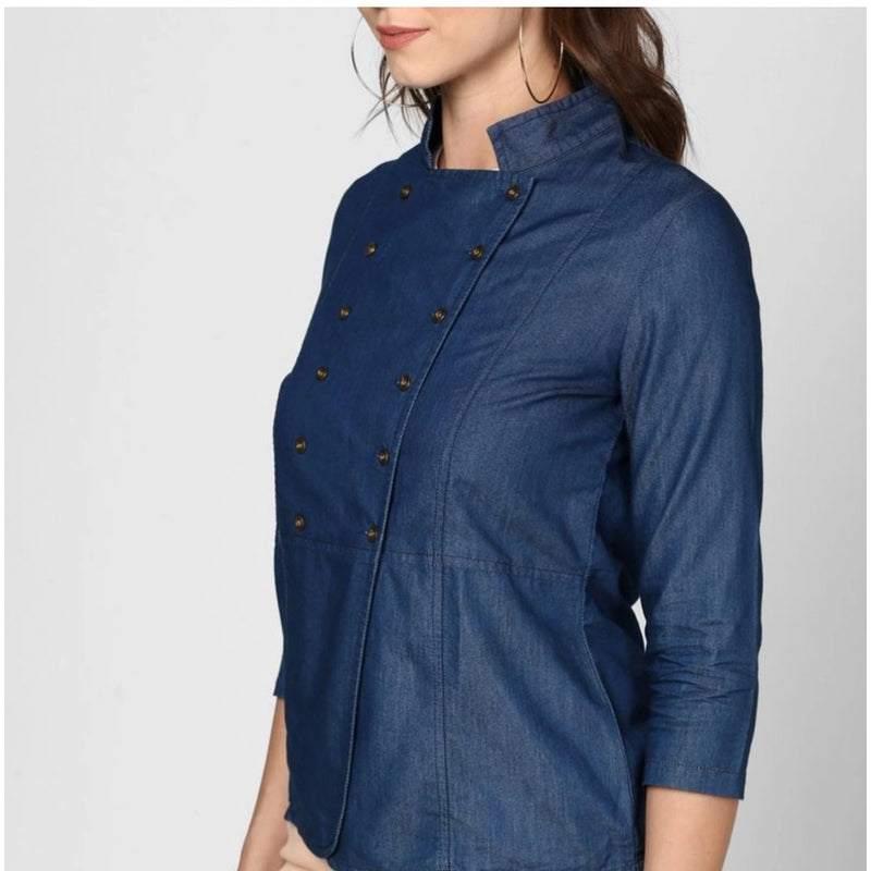 Mayawye Women's Denim Solid 3-4th Sleeves Top (Blue)