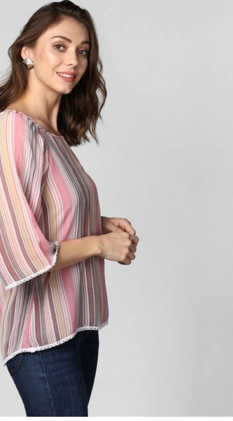 Mayawye Women's Polyester Striped 3-4th Sleeves Top (Pink)