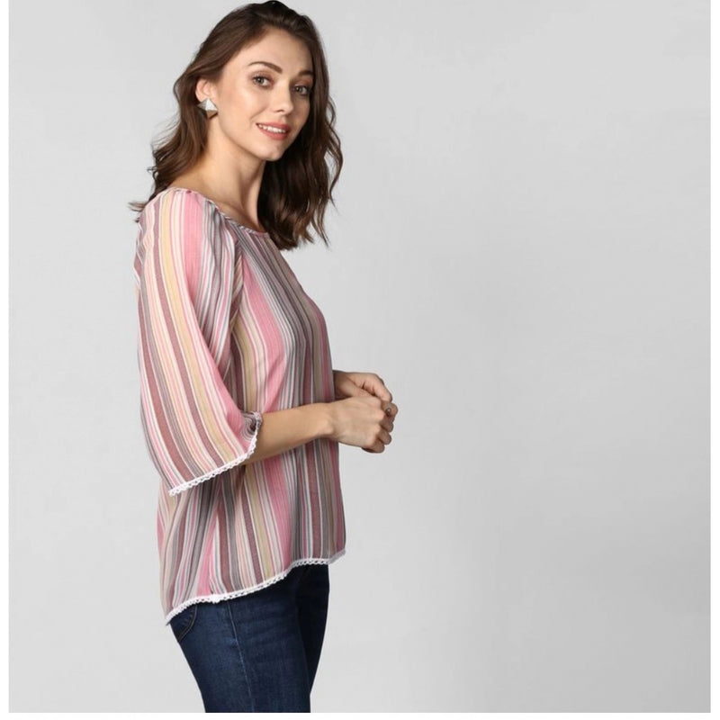 Mayawye Women's Polyester Striped 3-4th Sleeves Top (Pink)