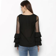 Mayawye Women's Polyester Solid Tier Sleeve Top (Black)