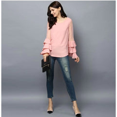 Mayawye Women's Polyester Solid Tier Sleeve Top (Pink)