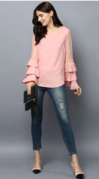 Mayawye Women's Polyester Solid Tier Sleeve Top (Pink)
