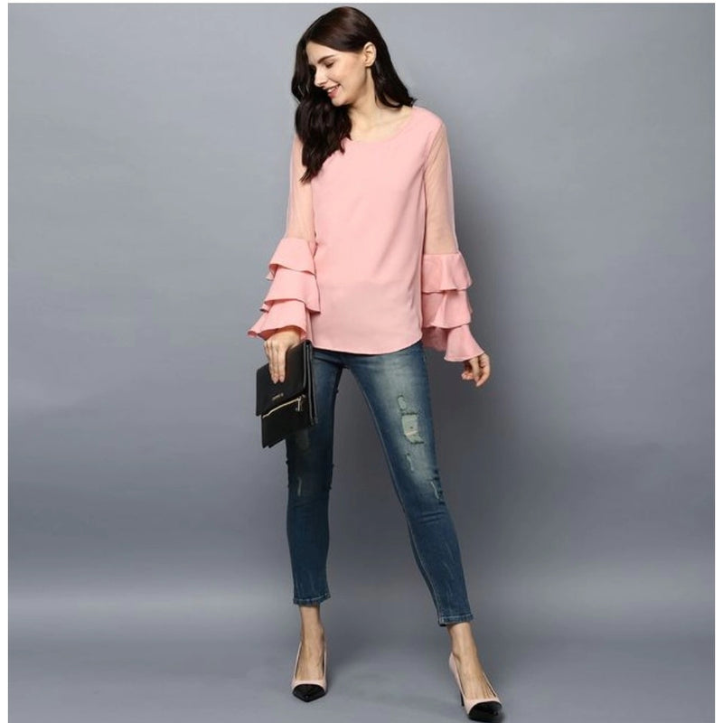 Mayawye Women's Polyester Solid Tier Sleeve Top (Pink)