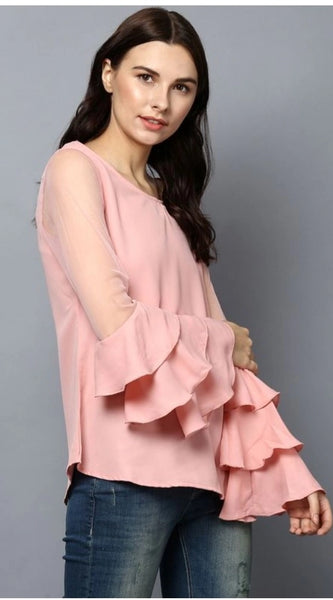 Mayawye Women's Polyester Solid Tier Sleeve Top (Pink)
