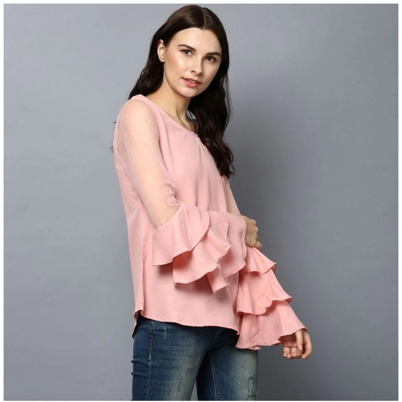 Mayawye Women's Polyester Solid Tier Sleeve Top (Pink)